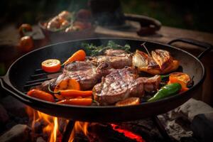 heerlijk gegrild vlees met groenten sissend over- de kolen Aan een barbecue, generatief ai foto