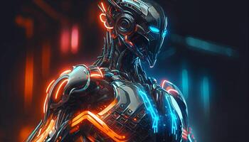ai kunstmatig intelligentie- humanoid met blauw levendig neon, kunstmatig intelligentie- technologie concept, ai gegenereerd illustratie foto