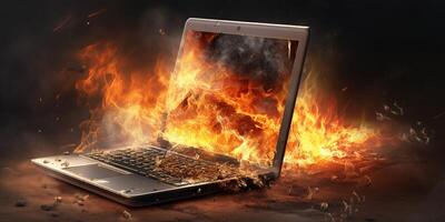 laptop brandend in vlammen Aan een donker achtergrond met ai gegenereerd. foto