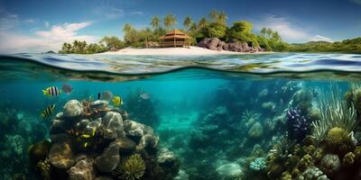 onderwater- visie van tropisch eiland met koraal rif en zanderig strand met ai gegenereerd. foto