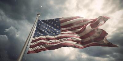 Amerikaans vlag golvend in de wind tegen een stormachtig lucht met ai gegenereerd. foto