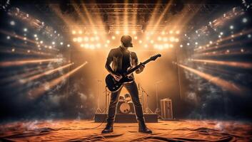 silhouet van een rots musicus spelen de elektrisch gitaar Aan stadium met ai gegenereerd. foto