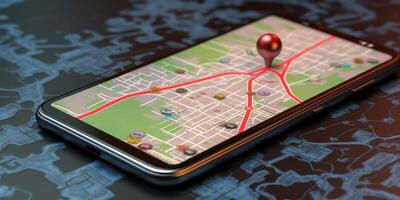 GPS navigatie Aan de smartphone scherm met ai gegenereerd. foto
