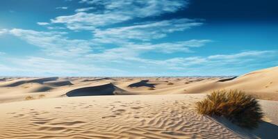 woestijn zand duinen onder blauw lucht met wolken met ai gegenereerd. foto