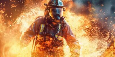 de brandweerman is gebruik makend van water en brandblusser met ai gegenereerd. foto
