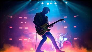 silhouet van een rots musicus spelen de elektrisch gitaar Aan stadium met ai gegenereerd. foto