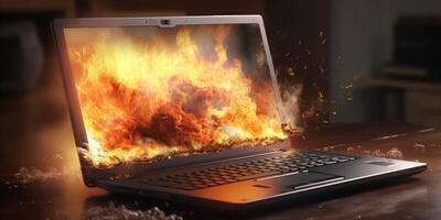 laptop brandend in vlammen Aan een donker achtergrond met ai gegenereerd. foto