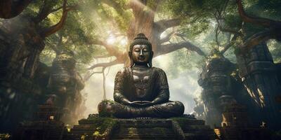 de oude Boeddha standbeeld in de Woud met ai gegenereerd. foto