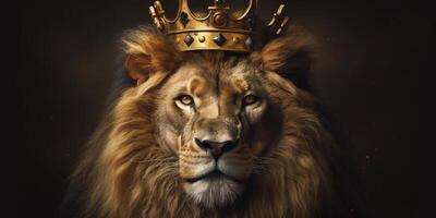leeuw koning in een gouden kroon Aan een donker achtergrond met ai gegenereerd. foto