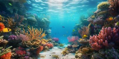 geweldig en mooi onderwater- wereld met koralen en tropisch vis met ai gegenereerd. foto