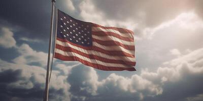 Amerikaans vlag golvend in de wind tegen een stormachtig lucht met ai gegenereerd. foto