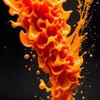 verbazingwekkend oranje sap met water plons en druppels geïsoleerd, generatief ai foto