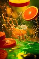 vliegend een oranje plakjes met water spatten, generatief ai foto