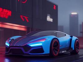 futuristische elektrisch concept auto in cyberpunk achtergrond. generatief ai foto