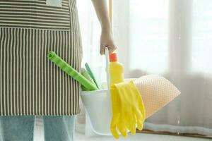 jong vrouw Holding schoonmaak uitrustingen klaar voor schoonmaak. foto