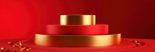 rood modern stijl een podium Product vitrine met gouden ring kader Japans stijl patroon achtergrond. een luxe stadium voor Product reclame. foto