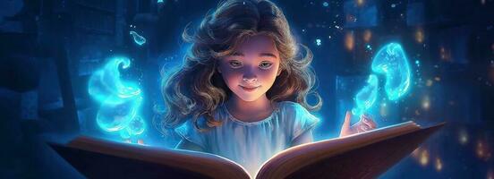weinig meisje lezing een magie boek, fantasie concept. tekenfilm illustratie. fee verhaal met fantastisch licht effect. foto