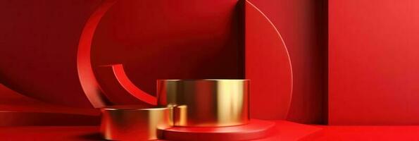 rood modern stijl een podium Product vitrine met gouden ring kader Japans stijl patroon achtergrond. een luxe stadium voor Product reclame. foto