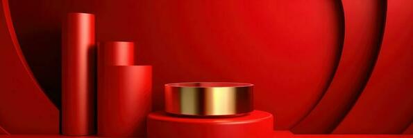 rood modern stijl een podium Product vitrine met gouden ring kader Japans stijl patroon achtergrond. een luxe stadium voor Product reclame. foto