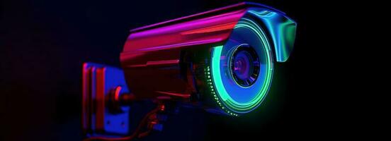 modern cctv camera Aan een muur. een neon licht nacht stadsgezicht achtergrond. concept van toezicht en toezicht houden. afgezwakt beeld dubbele blootstelling bespotten omhoog. foto