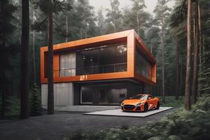 ai gegenereerd modern eco huis in minimalistisch ontwerp met sport auto in voorkant van het en gelegen in de Woud foto