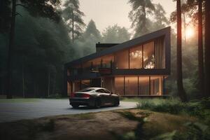 ai gegenereerd modern eco huis in minimalistisch ontwerp met sport auto in voorkant van het en gelegen in de Woud foto