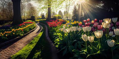 kleurrijk tulp bloemen landschap achtergrond Aan een tuin zonnig dag. generatief ai. foto