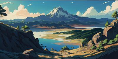 zomer seizoensgebonden anime stijl achtergrond, landschap, berg, meer, en kom tot rust gevoel anime achtergrond of behang. generatief ai. foto