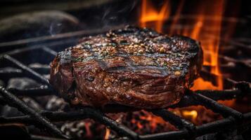 steak Aan de grill, in de achtergrond u kan zien de brand langzaam smeulend. ai gegenereerd illustratie foto
