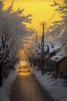straat gevulde met veel van sneeuw gedekt bomen. generatief ai. foto