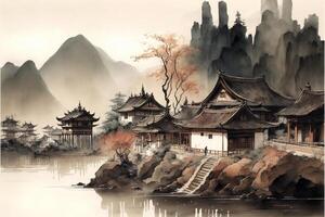 schilderij van een Chinese dorp door een lichaam van water. generatief ai. foto