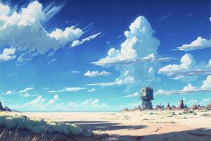 schilderij van een woestijn met een toren in de afstand. generatief ai. foto