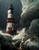 schilderij van een vuurtoren in de midden- van een storm. generatief ai. foto