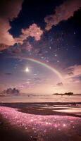 regenboog schijnt in de lucht over- een strand. generatief ai. foto