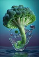 Daar is een stuk van broccoli dat vallend in de water. generatief ai. foto