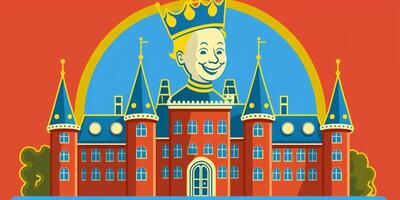 een afbeelding genomen van tekenfilm van kasteel met glimlachen gezicht. generatief ai. foto