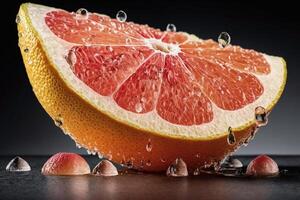 Daar is een grapefruit met water druppels Aan het. generatief ai. foto