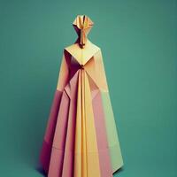 jurk gemaakt uit van origami papier Aan een groen achtergrond. generatief ai. foto