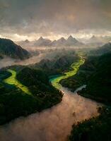 rivier- rennen door een weelderig groen vallei. generatief ai. foto