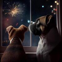 twee honden op zoek uit een venster Bij vuurwerk. generatief ai. foto