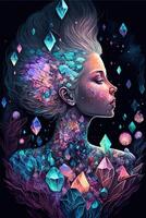 digitaal schilderij van een vrouw omringd door Kristallen. generatief ai. foto