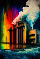 Daar is een regenboog gekleurde beeld van fabriek met fontein. generatief ai. foto