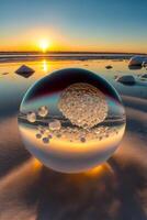 glas bal zittend Aan top van een zanderig strand. generatief ai. foto