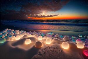 strand gevulde met veel van kleurrijk ballen De volgende naar de oceaan. generatief ai. foto