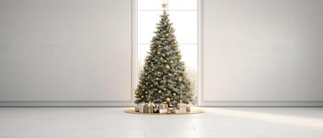 Kerstmis en nieuw jaar achtergrond. stapel geschenk doos realistisch 3d Kerstmis boom. ai gegenereerd. foto