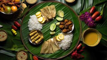 kerala festival gelukkig onam achtergrond met traditioneel voedsel geserveerd Aan banaan blad. ai gegenereerd. foto