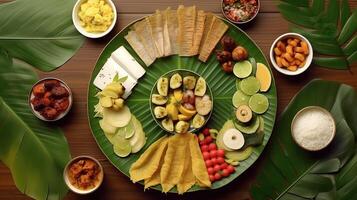 kerala festival gelukkig onam achtergrond met traditioneel voedsel geserveerd Aan banaan blad. ai gegenereerd. foto