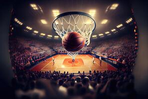 de basketbal is gaan in de hoepel naar partituur voordat de spel tijd is over- in de basketbal rechtbank. sport en atleet concept. generatief ai foto