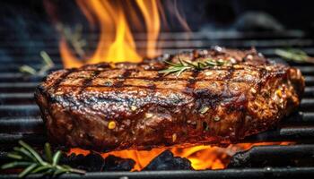 dichtbij omhoog van gegrild steak Aan de rooster met vlam in donker zwart achtergrond. voedsel recept en ingrediënt concept. generatief ai foto