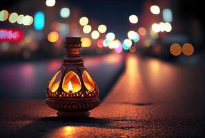 diya lamp met bokeh licht Bij de downtown straat in diwali festival. generatief ai foto